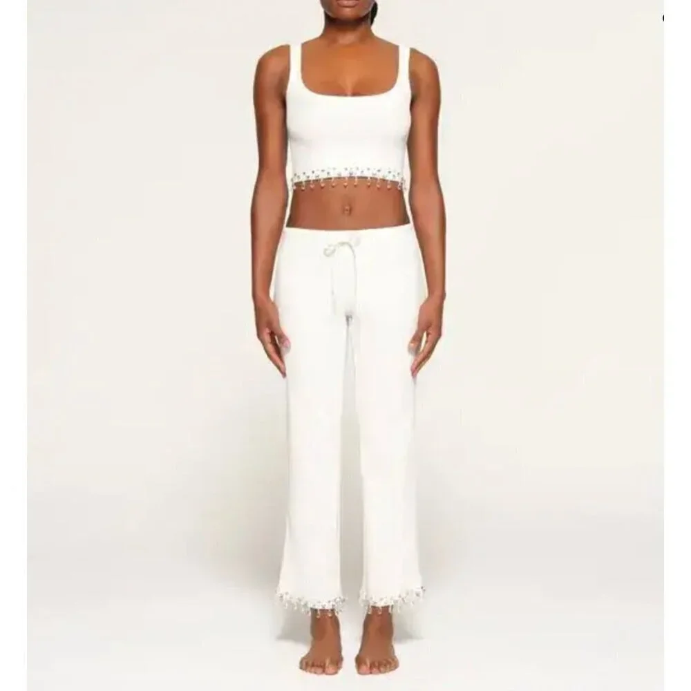 Skims NWT Chandelier Ribbed Lounge Pants in Marble White Size XL Gems on Hem